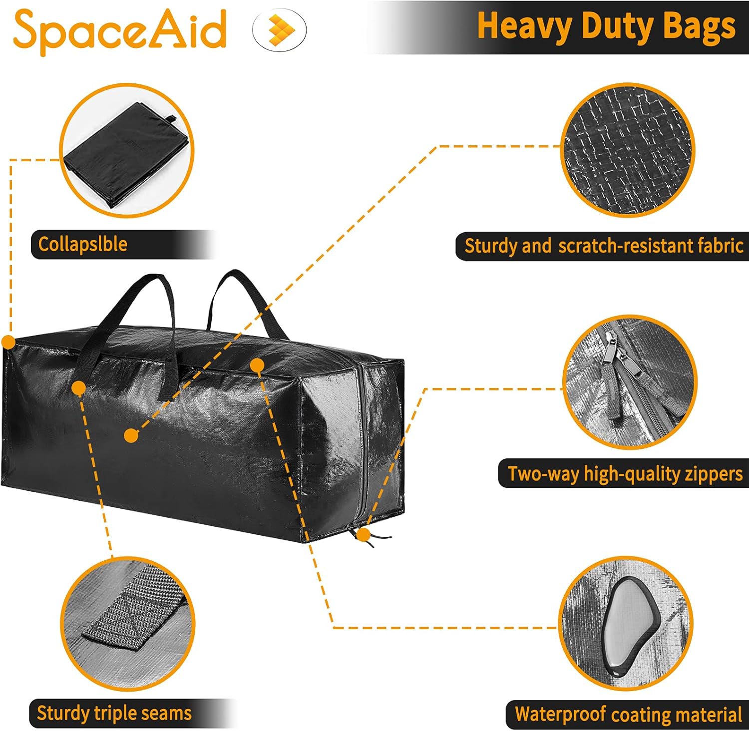 Heavy Duty Moving Bags 8 Pack, Large Storage Totes Bins with Backpack Straps, Strong Handles & Zippers, Packing Moving Boxes Supplies, College Dorm Room Essentials, Black